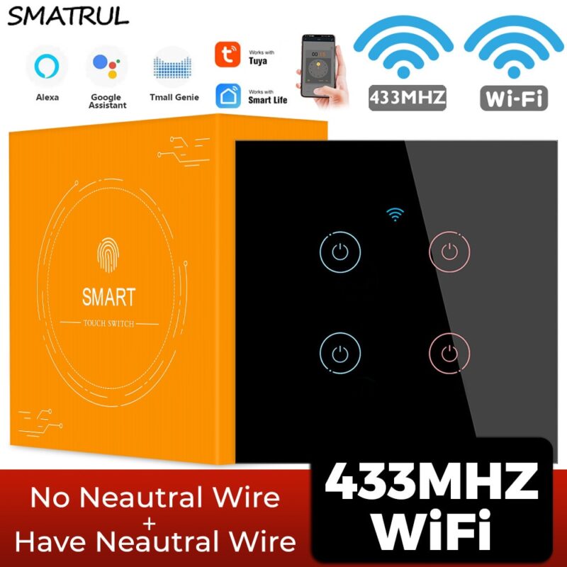 SMATRUL Tuya WiFi Touch Smart Switch Light Without Neutral Wire Glass Wall EU Two-Way Control 220V Timer For Alexa Google Home