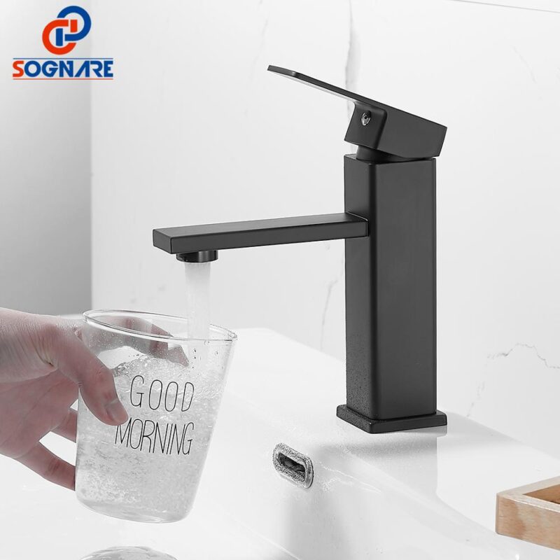 SOGANRE Basin Sink Bathroom Faucet Deck Mounted Hot Cold Water Basin Mixer Taps Matte Black Lavatory Sink Tap Crane